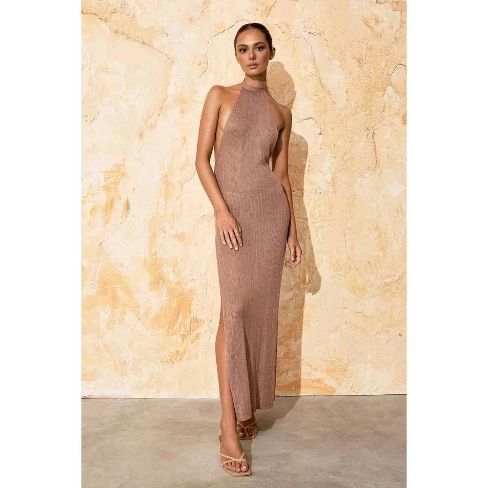 Flook the Label Zadia Knit Halter Maxi Dress Tan REVOLVE Slinky Resort Medium
